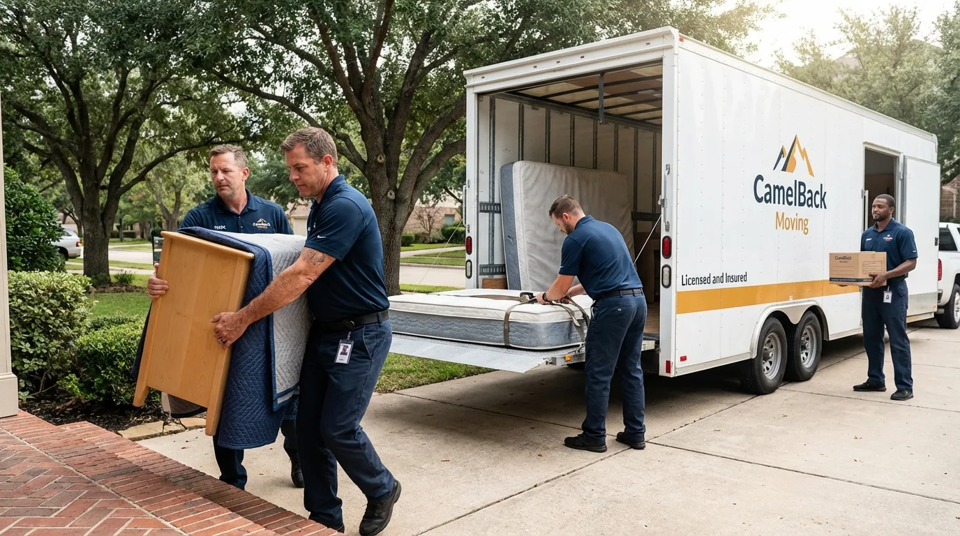 Crew loading residential truck for cross-state move from Medway, ME