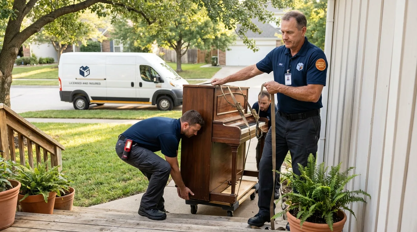 Licensed piano movers securing grand piano in Medway, ME