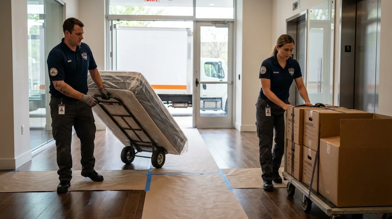 Professional apartment movers loading elevator in Medway, ME