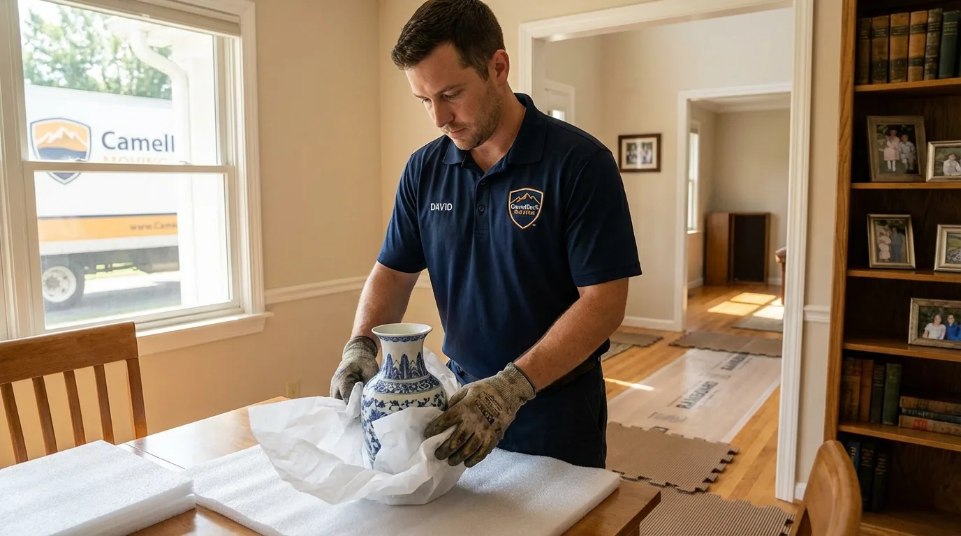 Professional crew carefully wrapping antique vase for senior downsizing move in Medway, ME