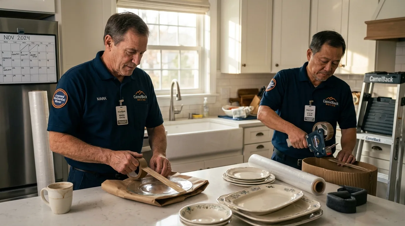Professional crew packing kitchen dishware in Medway, ME